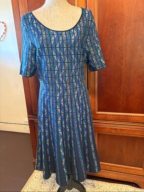 Peruvian Connection Blue Geometric Scoop-Neck Midi Dress